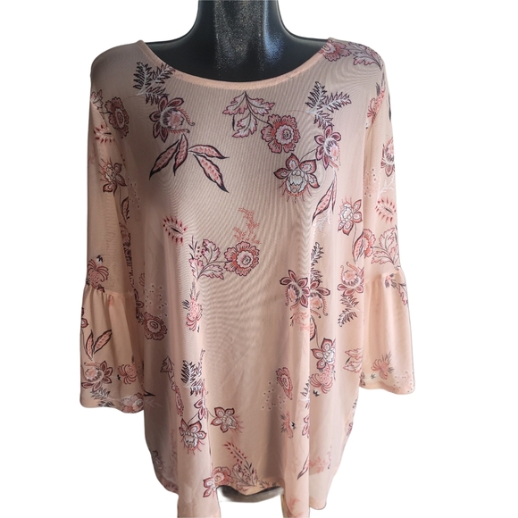 Love & Legend Semi Sheer Floral Peach Bell Sleeve Top 3X - Picture 1 of 6